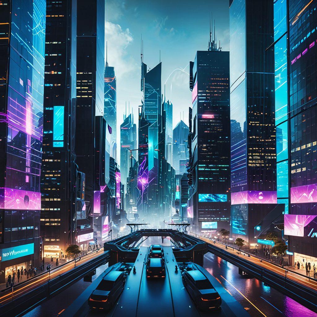 A futuristic city skyline with interconnected digital networks emanating from tall buildings, representing digital excellence and network strategy. Include modern office spaces with people working on advanced technology, symbolizing Magnaflo Services. The overall theme should radiate innovation and efficiency. Vibrant colors. 3D. Cyberpunk.